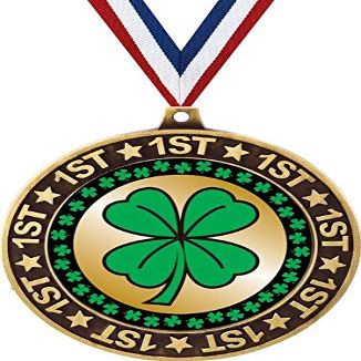 Four Leaf Clover 1st Place Perimeter Medal Gold, 2.75" Shamrock Prizes, Kids Clover Trophy Medal Awards 50 Pack