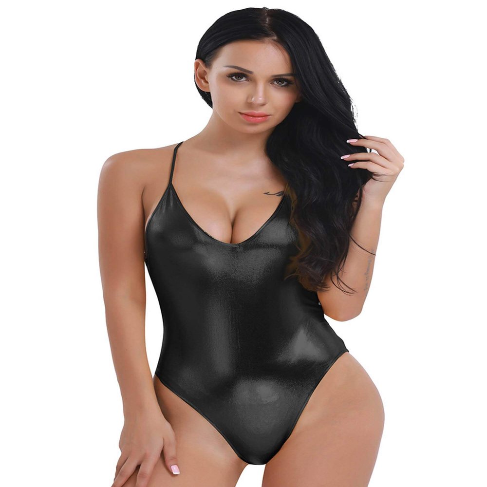 Kaerm Women's Shiny Metallic Bodycon Patent Leather Leotard Backless Deep V Thong Dance Bodysuit Black X-Large