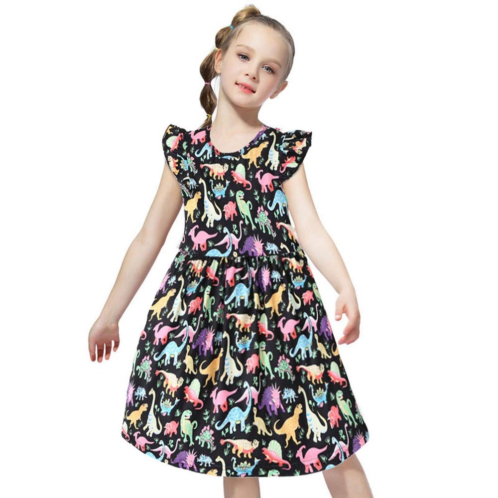 EISHOW Cute Baby Girls Casual Tutu Sundress Fly Sleeve Pajamas Nightgown Cartoon Dinosaur Print Summer Princess Party Dress Clothes (Black Dinosaur, 4-5 Years)