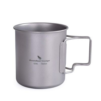 usharedo Titanium Coffee Mug Titanium Pots Titanium Cup with Foldable Handle Outdoor Camping Water Mug Tableware 14.3oz/420ml Ti1518B