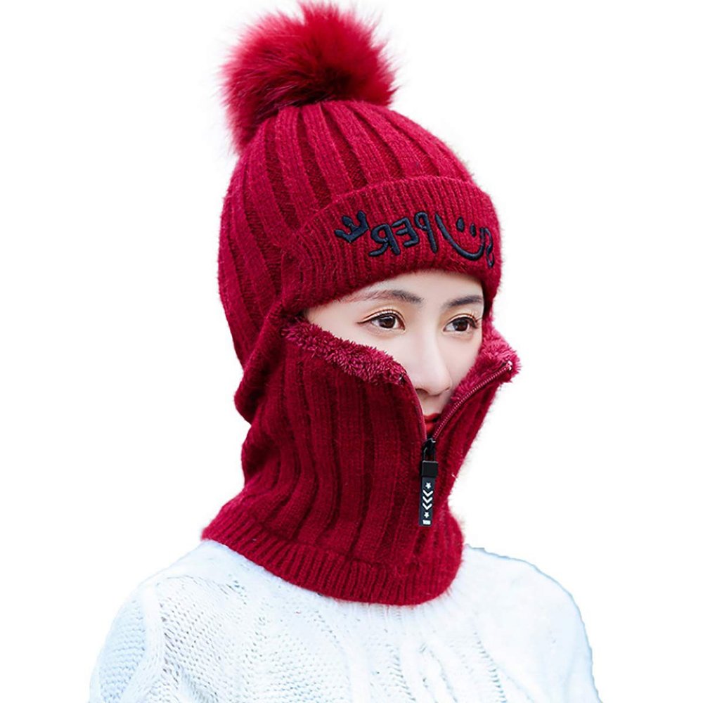 Queenbox Womens Winter Knitted Hat Cold Weather Face Mask Neck Warmer Pom Beanie Warm Velvet Lining Balaclava Cap Cycling Ski Face Mask, Wine Red with Zip
