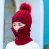 Queenbox Womens Winter Knitted Hat Cold Weather Face Mask Neck Warmer Pom Beanie Warm Velvet Lining Balaclava Cap Cycling Ski Face Mask, Wine Red with Zip view 2