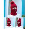 Queenbox Womens Winter Knitted Hat Cold Weather Face Mask Neck Warmer Pom Beanie Warm Velvet Lining Balaclava Cap Cycling Ski Face Mask, Wine Red with Zip view 3