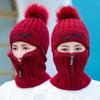 Queenbox Womens Winter Knitted Hat Cold Weather Face Mask Neck Warmer Pom Beanie Warm Velvet Lining Balaclava Cap Cycling Ski Face Mask, Wine Red with Zip view 4