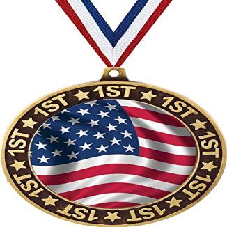 American Flag 1st Place Perimeter Medal Gold, 2.75" USA Flag Prizes, Kids Patriotic Trophy Medal Awards 50 Pack Prime