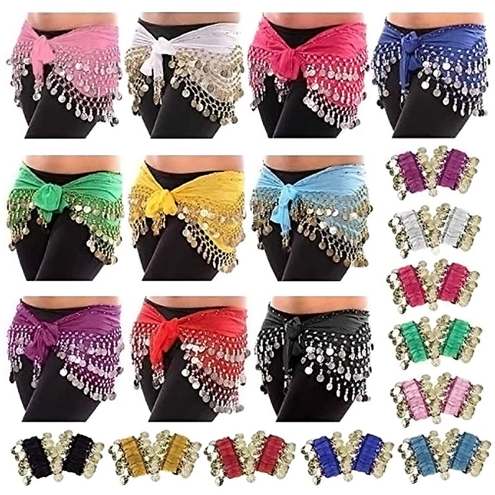 Aulufft 10 PCS Belly Dance Skirt and 20 PCS Belly Dance Wrist Ankle Bracelets Multicolor