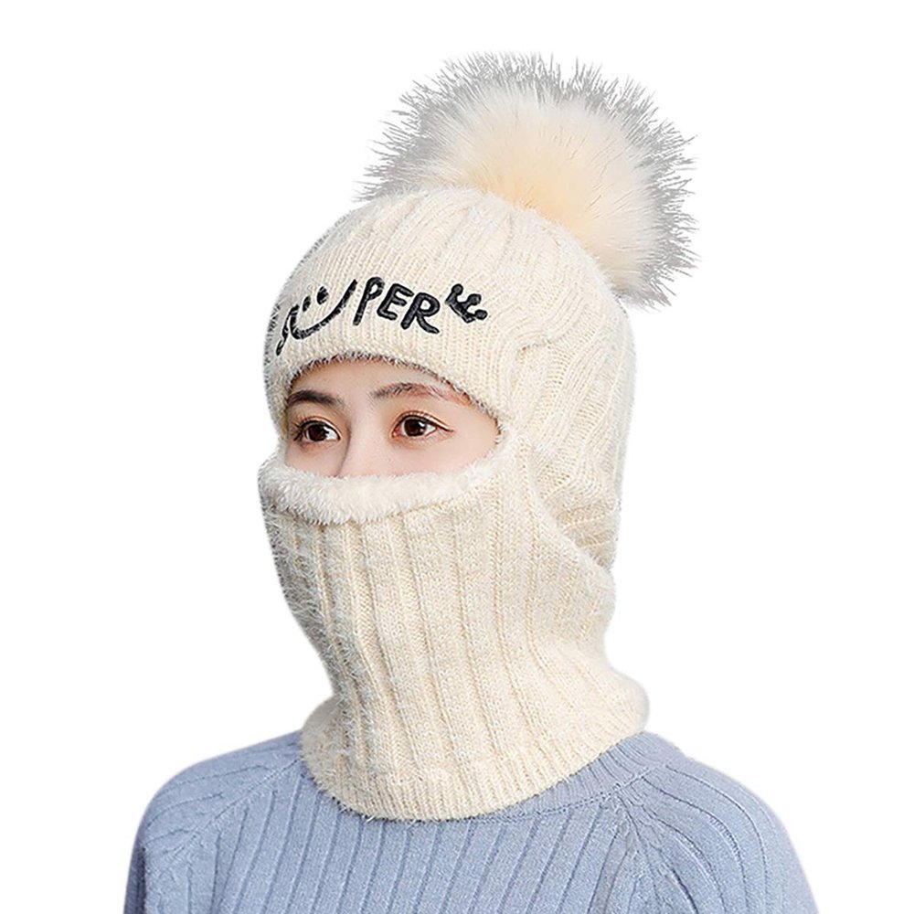 Queenbox Womens Winter Knitted Hat Cold Weather Face Mask Neck Warmer Pom Beanie Warm Velvet Lining Balaclava Cap Cycling Ski Face Mask, Beige