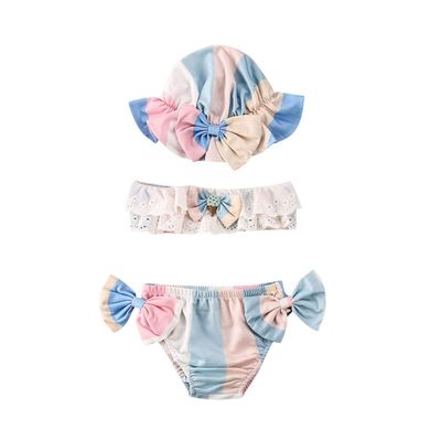 3Pcs/Set Newborn Baby Girls Swimsuit Bowknot Crop Top Shorts Hat Swimwear Bikini Bathing Suit Set 0-24M (Blue, 0-6M)