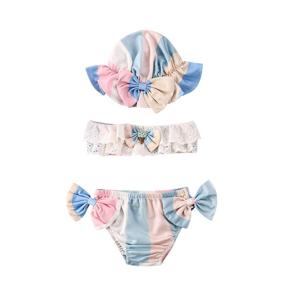 3Pcs/Set Newborn Baby Girls Swimsuit Bowknot Crop Top Shorts Hat Swimwear Bikini Bathing Suit Set 0-24M (Blue, 0-6M)