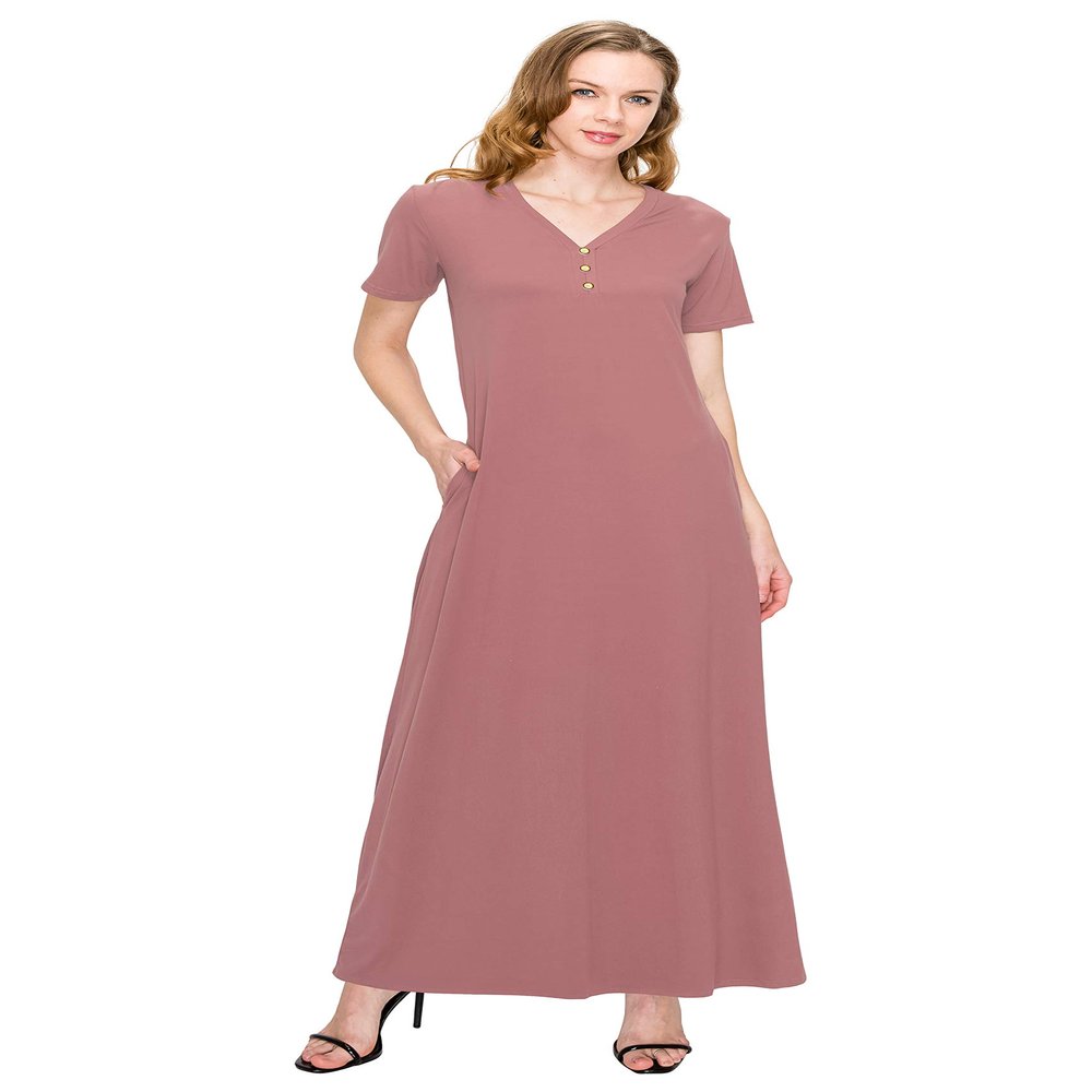 ALWAYS Women's V Neck Maxi Dress - Summer Casual Short Sleeve Loose Swing Plain Button Dress Mauve 2 3XL