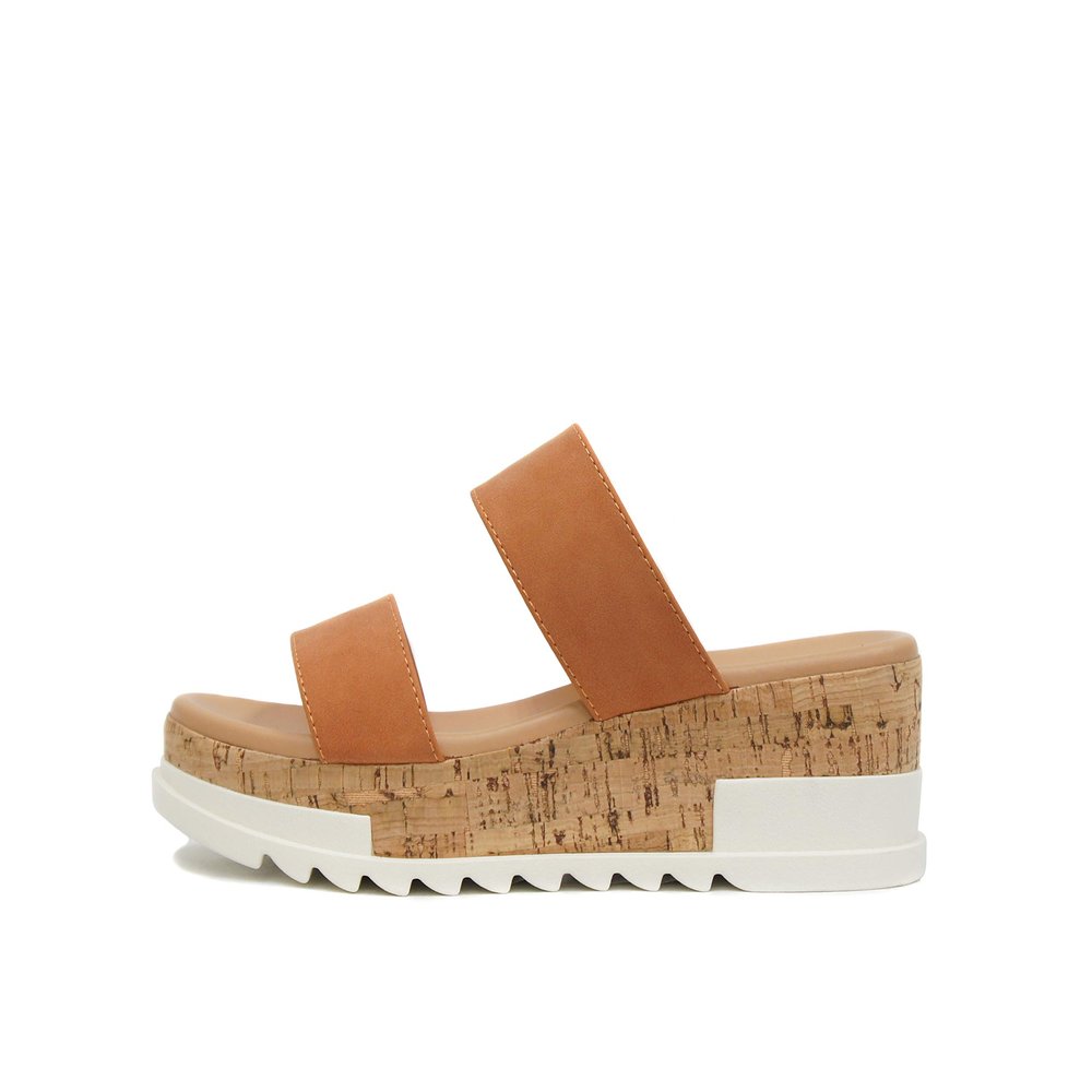 Soda Poppin ~ Slip On Cork Platform Wedge Sandals with 2 Straps on Top (6.5, Peach)
