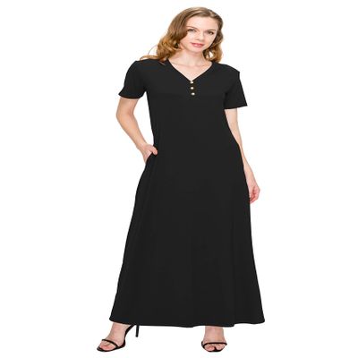 ALWAYS Women's V Neck Maxi Dress - Summer Casual Short Sleeve Loose Swing Plain Button Dress Black XL