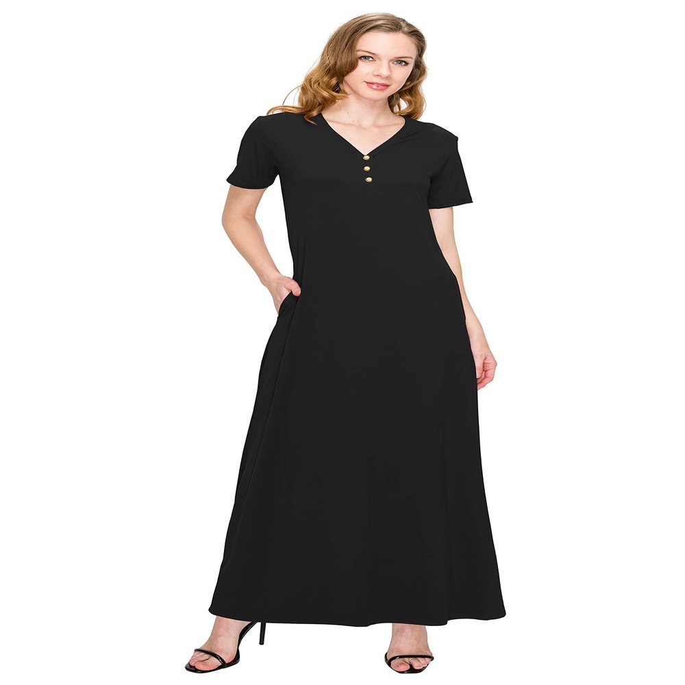 ALWAYS Women's V Neck Maxi Dress - Summer Casual Short Sleeve Loose Swing Plain Button Dress Black XL