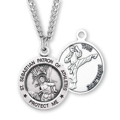 Saint Sebastian Round Sterling Silver Martial Arts Male Athlete Medal | 1.0" x 0.8" (25mm x 20mm) | Velvet Gift Box | 24" Rhodium Plated Endless Curb Chain | .925 Sterling Silver | Martial Arts