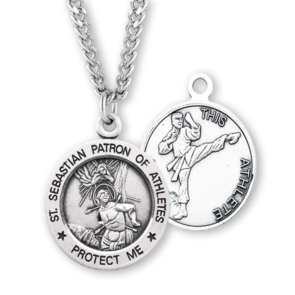 Saint Sebastian Round Sterling Silver Martial Arts Male Athlete Medal | 1.0" x 0.8" (25mm x 20mm) | Velvet Gift Box | 24" Rhodium Plated Endless Curb Chain | .925 Sterling Silver | Martial Arts