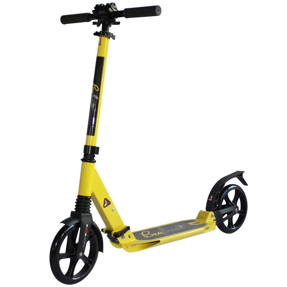 Bee Free XLT Adjustable Handlebar Kick Scooter for Adults and Teens, Yellow, Foldable, Anti-Shock Suspension, Rear Foot Brake, 12+