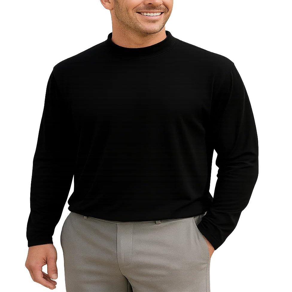 Akwa Mens Mock Turtleneck T-Shirt Lightweight Moisture Wicking Long Sleeve for Golf Work Layering Shirt Breathable Made in USA Black