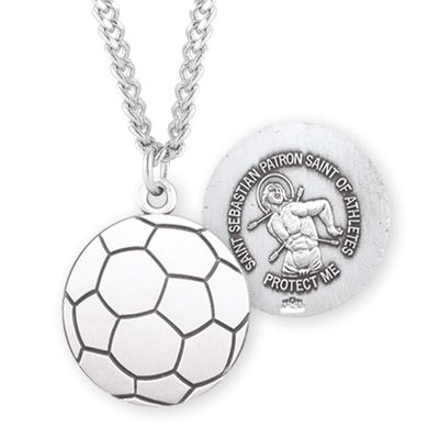 Saint Sebastian Sterling Silver Soccer Athlete Medal | 1.0" x 0.8" (25mm x 21mm) | Made in USA | Deluxe Velvet Gift Box | 24" Rhodium Plated Endless Curb Chain | .925 Sterling Silver | Soccer