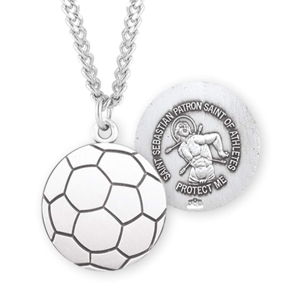 Saint Sebastian Sterling Silver Soccer Athlete Medal | 1.0" x 0.8" (25mm x 21mm) | Made in USA | Deluxe Velvet Gift Box | 24" Rhodium Plated Endless Curb Chain | .925 Sterling Silver | Soccer
