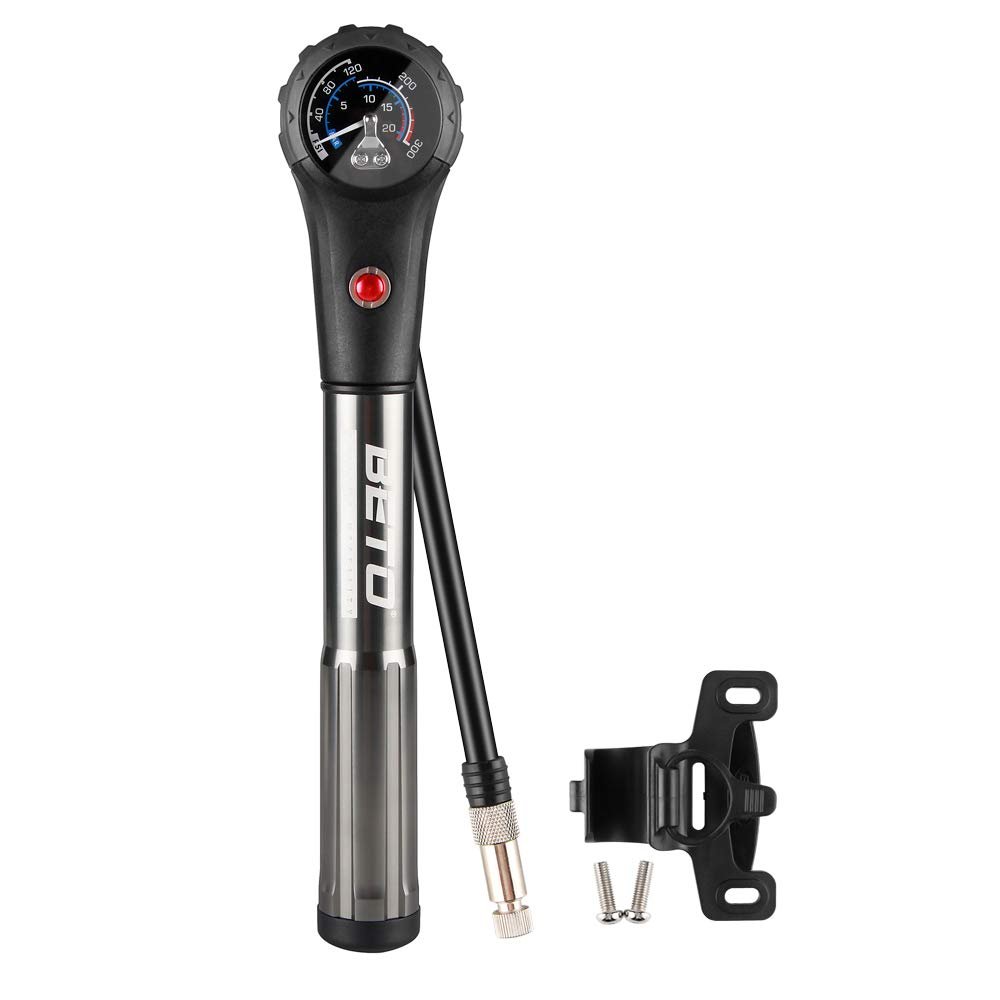 Beto Bike Tire/Shock Pump MTB, 300psi High Pressure for Rear Shock & Suspension Fork, Mountain Bike/Motorcycle, Schrader & Presta Valve Adapter, with Dial-Gauge/Bleed Valve/Mounting Bracket