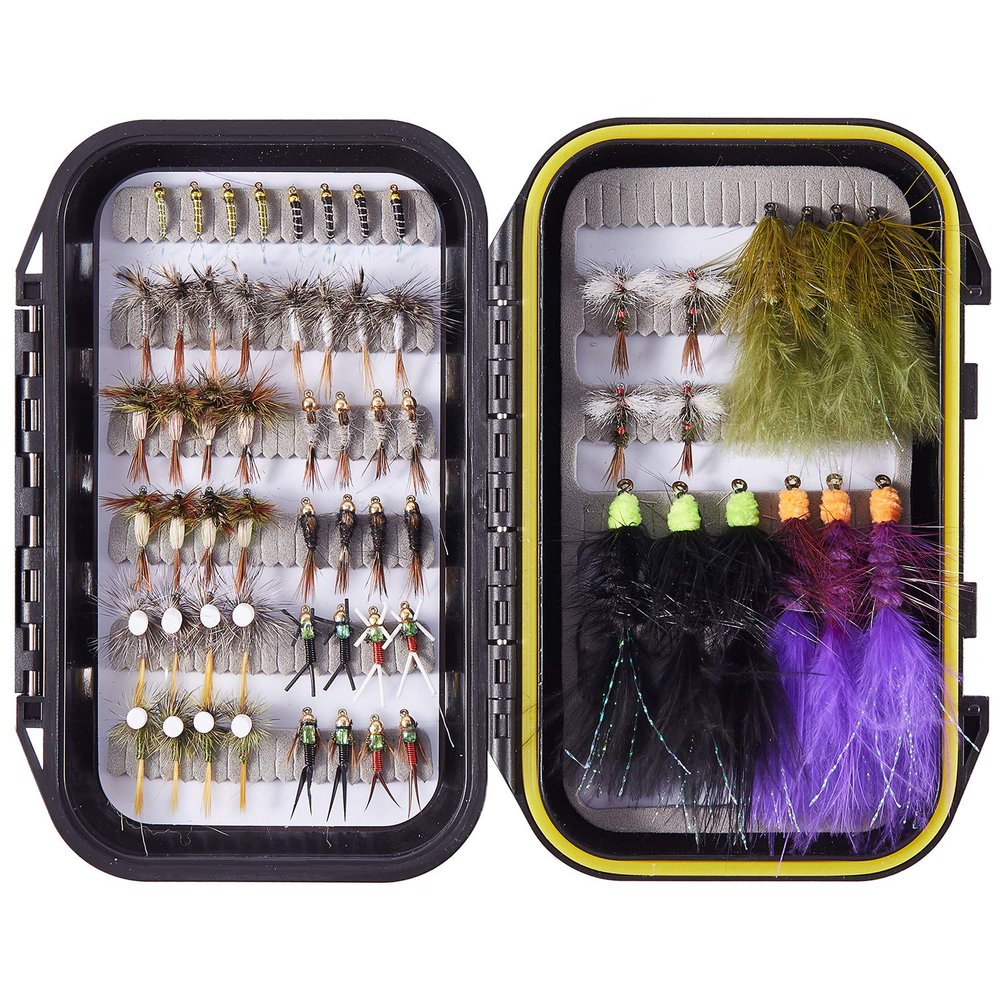 BASSDASH 62pcs Fly Fishing Flies Kit with Waterproof Fly Box for Trout Steelhead Salmon Include Nymphs, Dry Wet Flies, Streamers