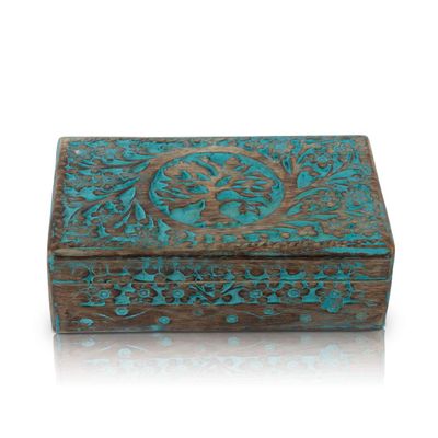 Great Birthday Gift Handmade Decorative Wooden Jewelry Box With Tree Of Life Carving Jewelry Organizer Keepsake Box Treasure Chest Trinket Holder Watch Box Storage Box Housewarming Gifts (Blue)