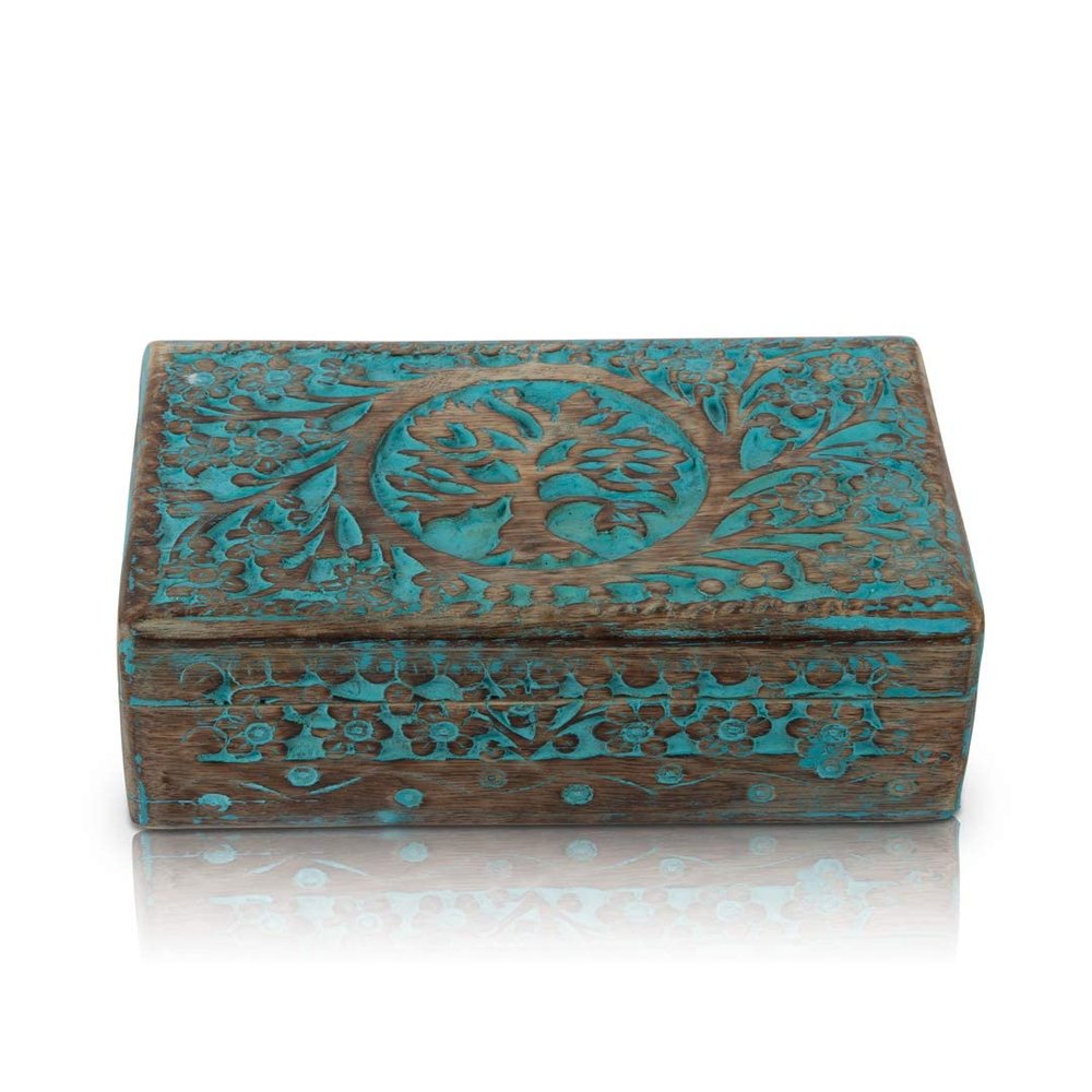 Great Birthday Gift Handmade Decorative Wooden Jewelry Box With Tree Of Life Carving Jewelry Organizer Keepsake Box Treasure Chest Trinket Holder Watch Box Storage Box Housewarming Gifts (Blue)