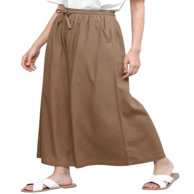 LL Womens Washed Linen Casual Loose Wide Leg Pants Pocket Pant with Draw String M Khaki