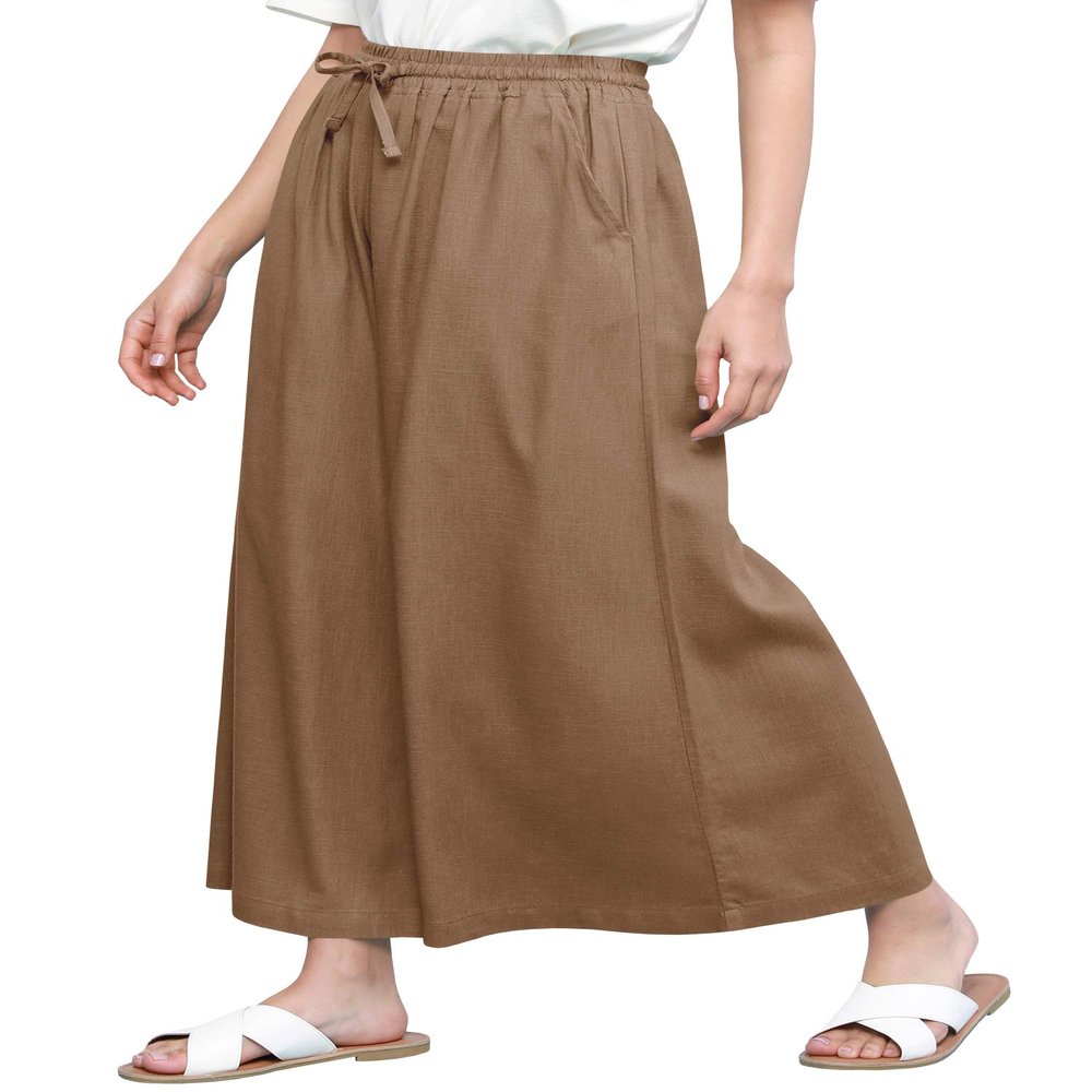 LL Womens Washed Linen Casual Loose Wide Leg Pants Pocket Pant with Draw String M Khaki