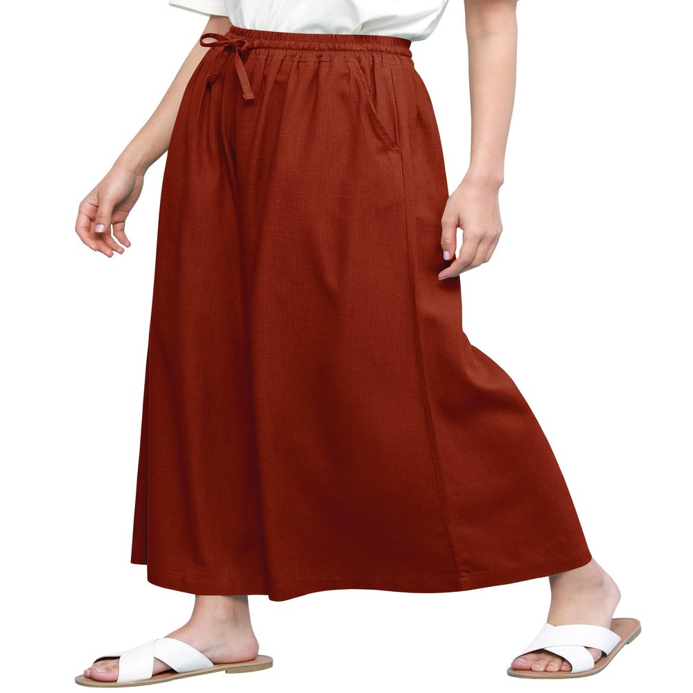Lock and Love LL Womens Washed Linen Casual Loose Wide Leg Pants Pocket Pant with Draw String L Brown_RED