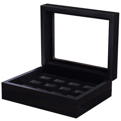RECHIATO 12 Slots Championship Ring Display Case Display Case for Sports Rings baseball Ring display Wooden Box (12 Slots, Flat, Black)