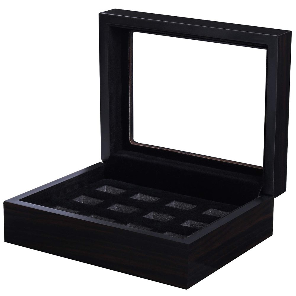 RECHIATO 12 Slots Championship Ring Display Case Display Case for Sports Rings baseball Ring display Wooden Box (12 Slots, Flat, Black)