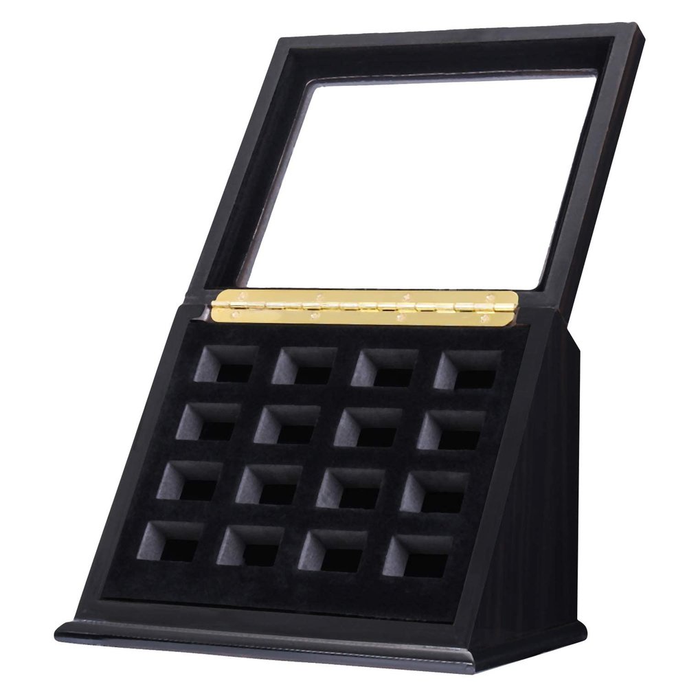 RECHIATO Championship Ring Display Case Baseball Ring Display Wooden Box Display Case for Sports Rings (16 Slots, Slanted, Black)