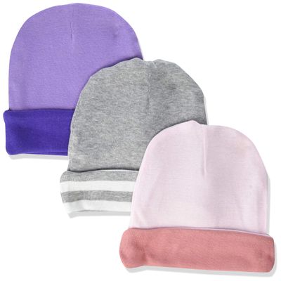 Marky G Apparel Infant Baby Rib Cap (Pack of 3), Ballerina-Mauvelous/Lavender-Purple/Heather-White Stripe, One Size