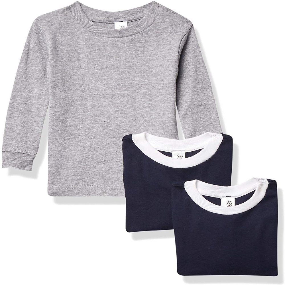 Marky G Apparel Baby Long Sleeve Round Neck Pajama Top (Pack of 3), Navy/Navy-whitestripe/White/Navy/Navy-whitestripe/White/Heather, 6 Months