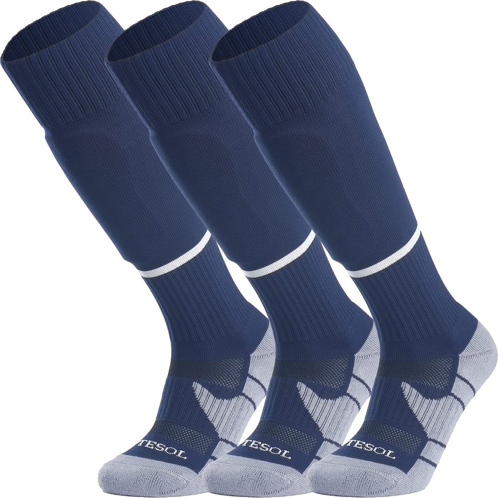 APTESOL Youth Soccer Socks Boys Girls Women Knee High Team Sport Cushion Sock Kids Long Tube Cotton Athletic Compression Socks (3-Pair Navy-B,Small)