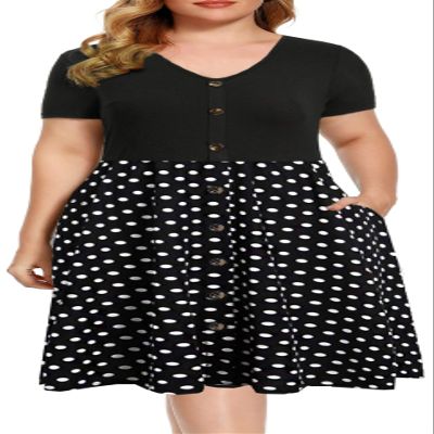 BEDOAR Plus Size Summer Boho Polka Dot Short Sleeve V Neck Swing Midi Dress with Pockets(B004-Black+Dot-16W)