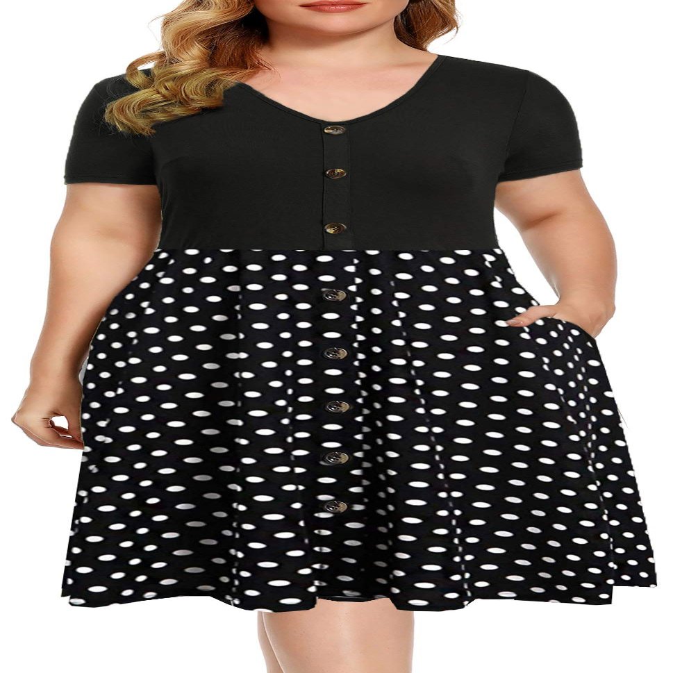 BEDOAR Plus Size Summer Boho Polka Dot Short Sleeve V Neck Swing Midi Dress with Pockets(B004-Black+Dot-16W)