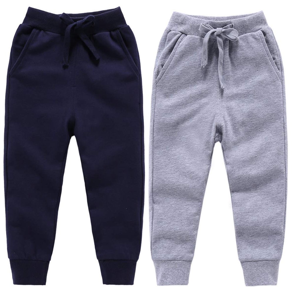 Qin.Orianna Toddler Baby Boy Active Cotton Drawstring Jogger Pants with Pockets (2Pack(Navy+Grey),18-24Months)