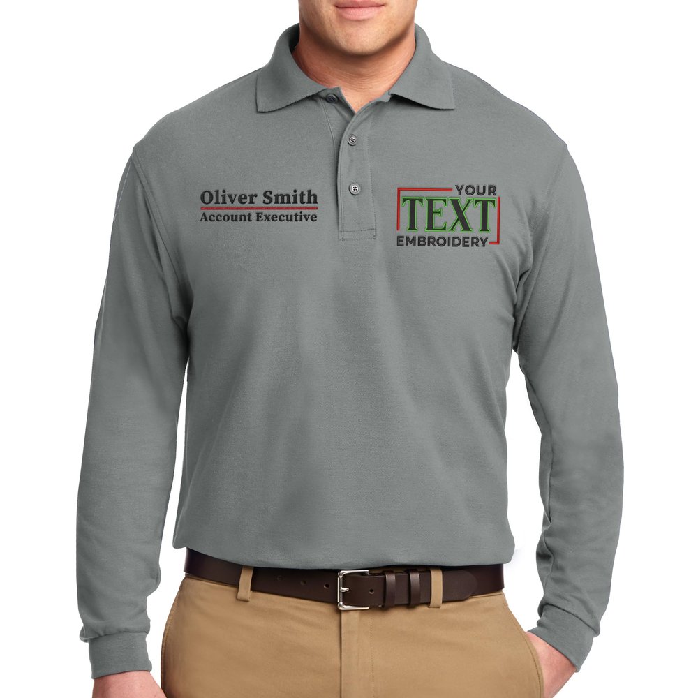 Custom Embroidered Long Sleeve Polo Shirts for Men Personalized Embroidery Add Your Name Text Cool Grey