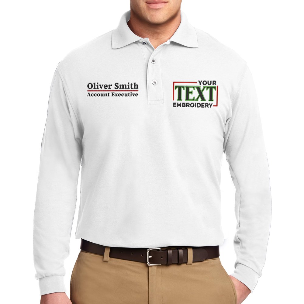 Custom Embroidered Long Sleeve Polo Shirts for Men Personalized Embroidery Add Your Name Text White
