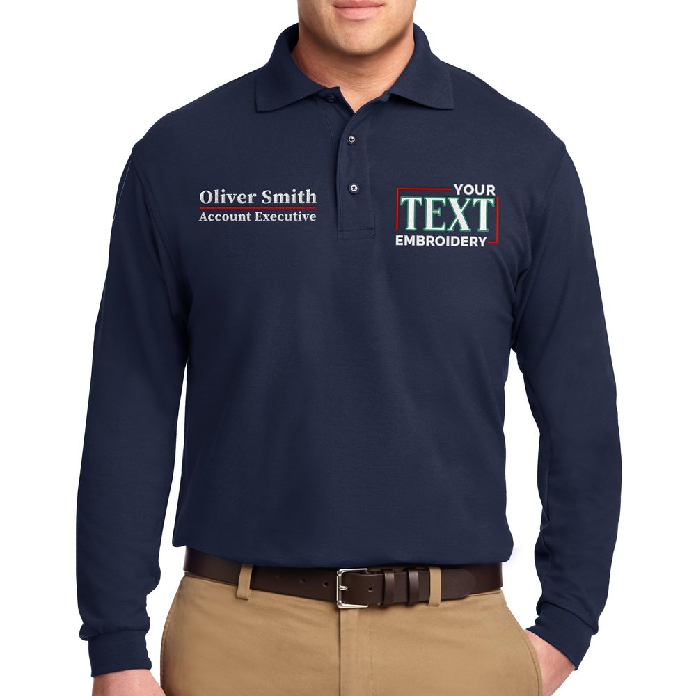 Custom Embroidered Long Sleeve Polo Shirts for Men Personalized Embroidery Add Your Name Text Navy