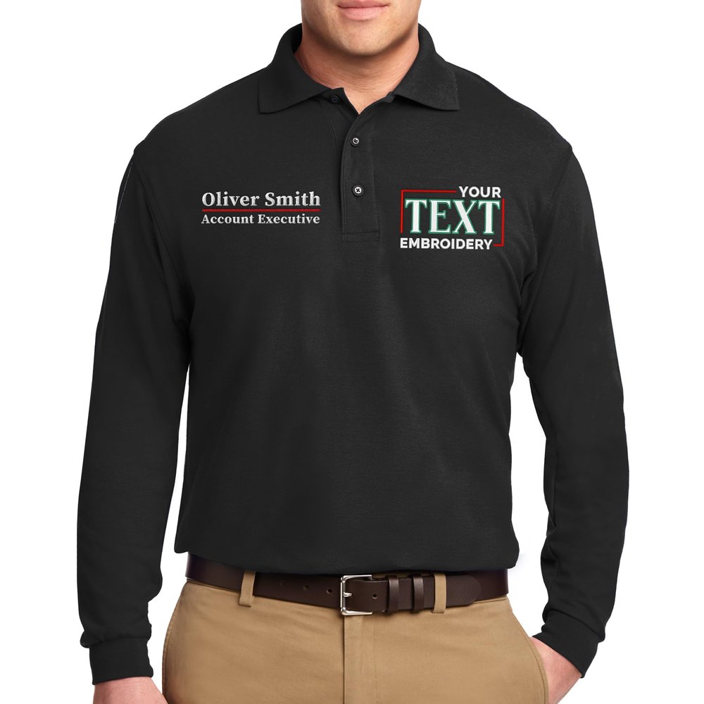 Custom Embroidered Long Sleeve Polo Shirts for Men Personalized Embroidery Add Your Name Text Black