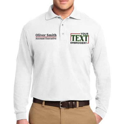 Custom Embroidered Long Sleeve Polo Shirts for Men Personalized Embroidery Add Your Name Text White