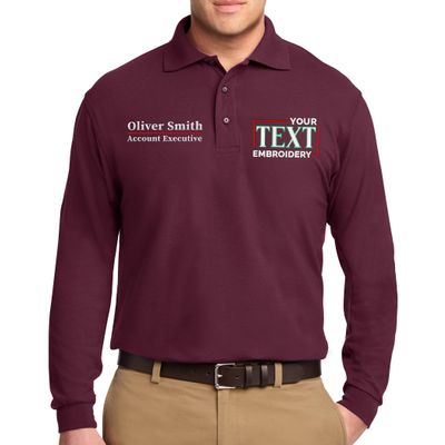 Custom Embroidered Long Sleeve Polo Shirts for Men Personalized Embroidery Add Your Name Text Burgundy