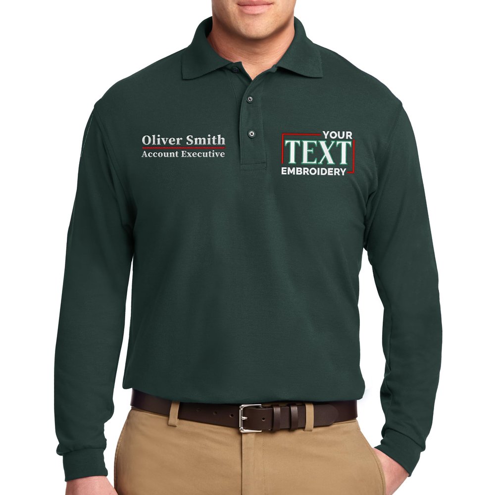 Custom Embroidered Long Sleeve Polo Shirts for Men Personalized Embroidery Add Your Name Text Dark Green