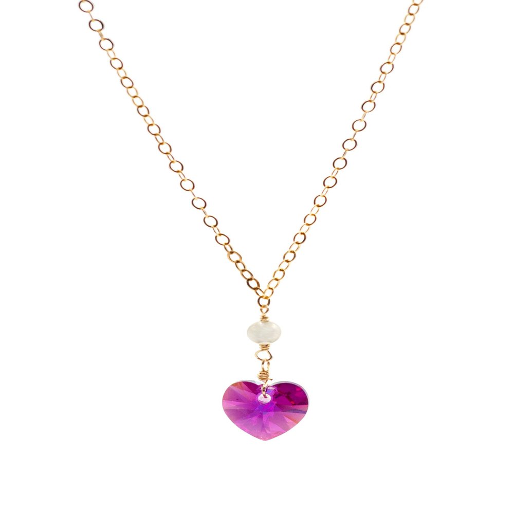 14k Gold-Filled Cable Necklace with Austrian Crystal Fuchsia Heart Crystal and White Cultured Freshwater Pearl Centerpiece, 3-3.5.mm 18"
