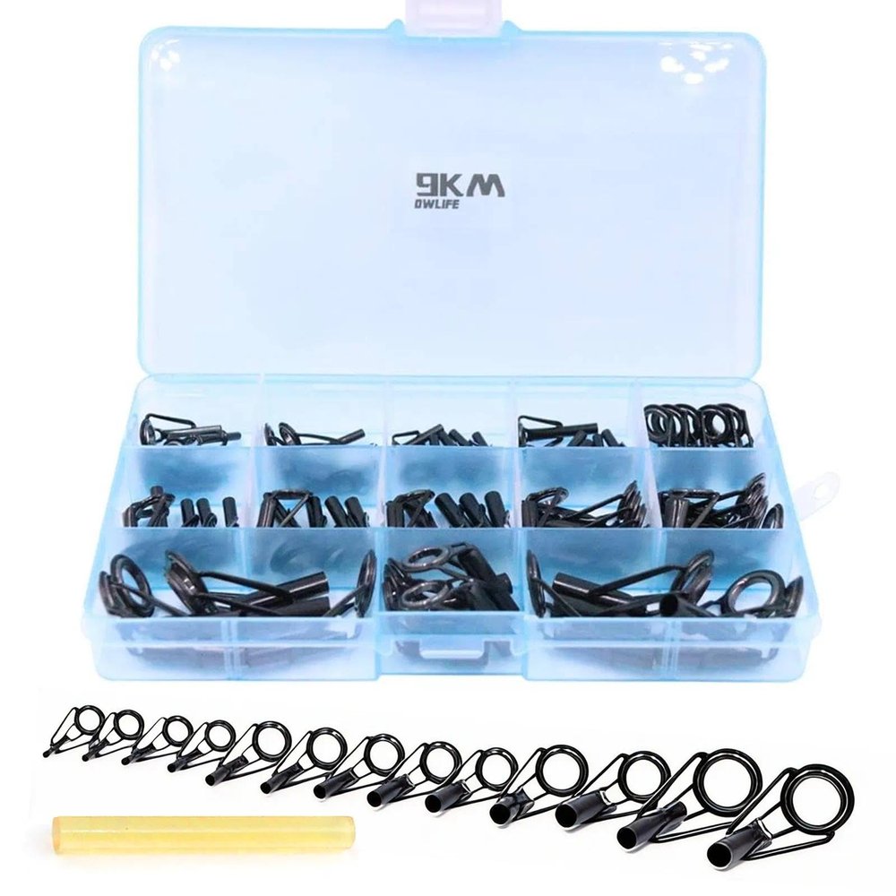 9KM DWLIFE Fishing Rod Tip Repair Kit 65pcs, Black Stainless Steel, Wear Resistant Ceramic Ring, Rod Tip Repair Kit