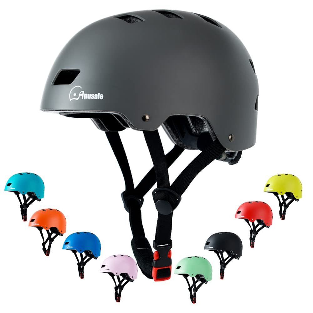 Apusale Bike Skateboard Helmet, Adjustable and Multi-Sport for Skate Scooter, 3 Sizes for Adult Youth Kids Toddler (Gray)