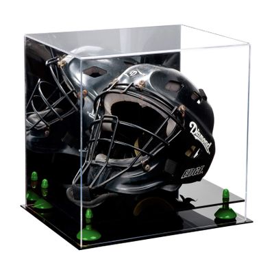 Better Display Cases Acrylic Catchers Helmet Display Case with Mirror, Green Risers and Black Base (A002-GRR)